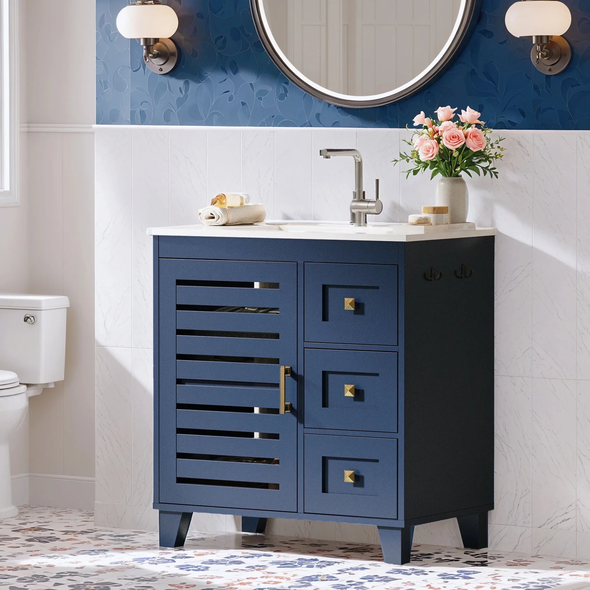 ANCTOR 30'' Bathroom Vanity with Sink, Modern Bathroom Sink Cabinet with 3 Drawers & Adjustable Shelf