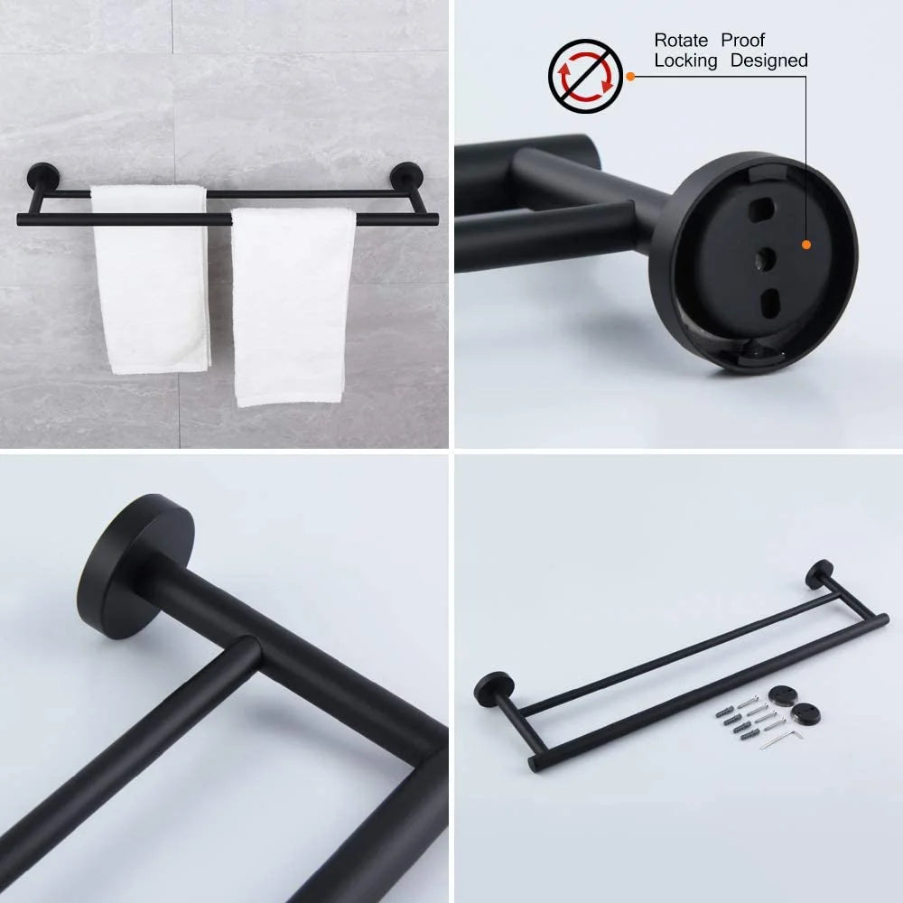 Matte Black Bathroom Accessories Kit 5-Pieces Bathroom Hardware Set Wall Mounted - Includes 24" Double Towel Bar, 12" Hand Towel Bar, Toilet Paper Holder, 2X Robe Towel Hooks …