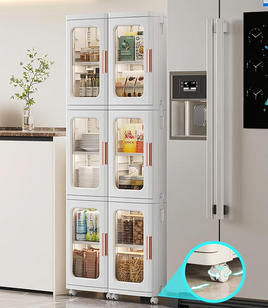 Slim Kitchen Pantry Storage Cabinet with Doors and Shelves, 3-Tiers Plastic Narrow Storage Organizer Collapsible for Small Spaces, Bathroom, Living Room, Bedroom, White