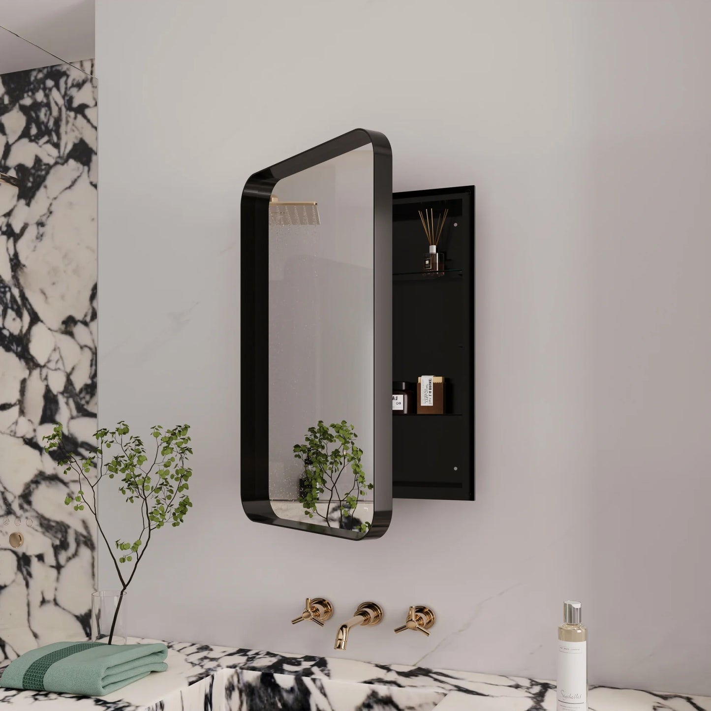 Bathroom Wall Storage Cabinet with Mirror Rectangle Stainless Steel Frame Medicine Cabinet Black