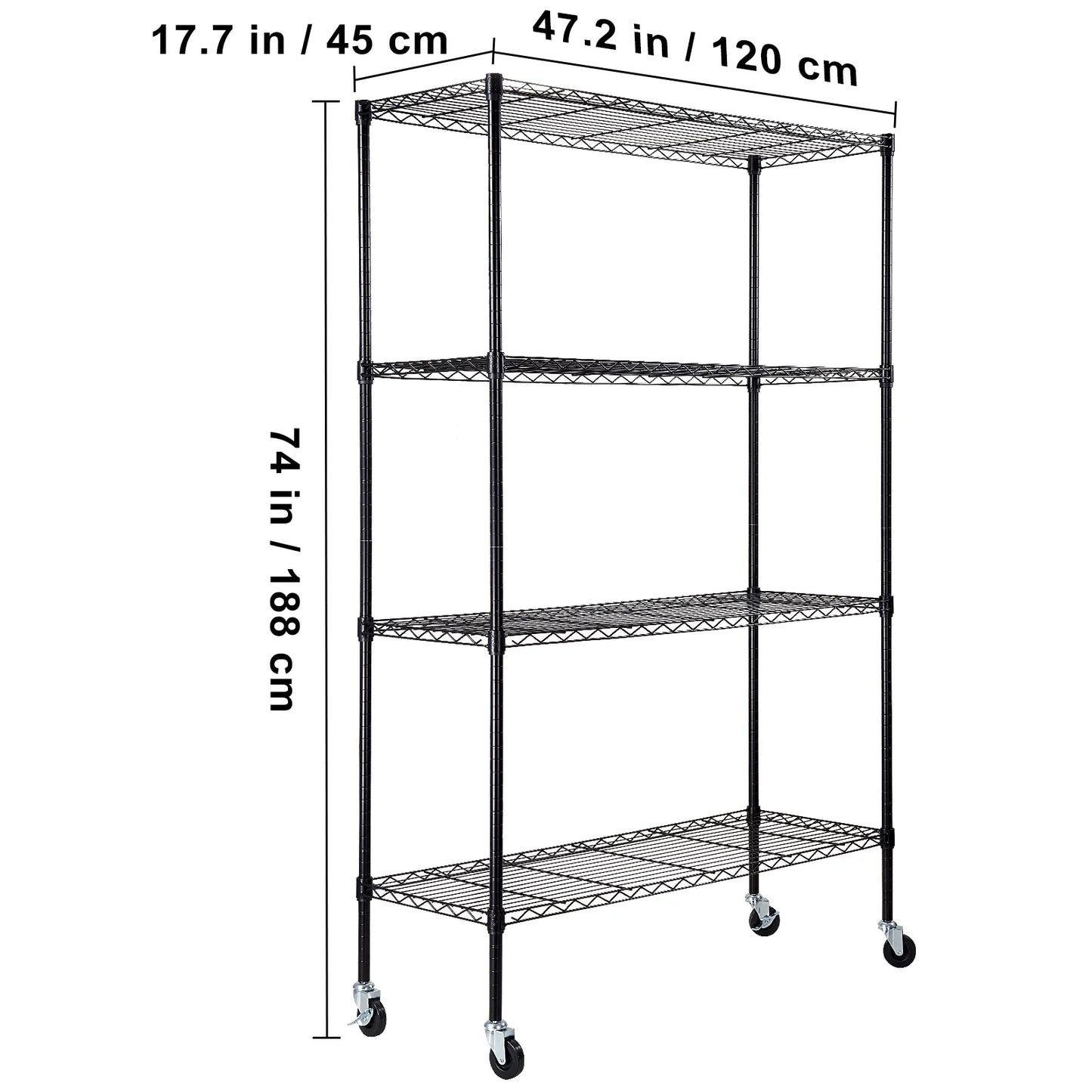 VEVOR Storage Shelving Unit with Wheels,4-Tier Adjustable, 700 lbs Capacity,Heavy Duty Garage Shelves Metal Organizer Wire Rack, Black, 47.2" L x 17.7" W x 74" H for Kitchen Pantry Basement Bathroom