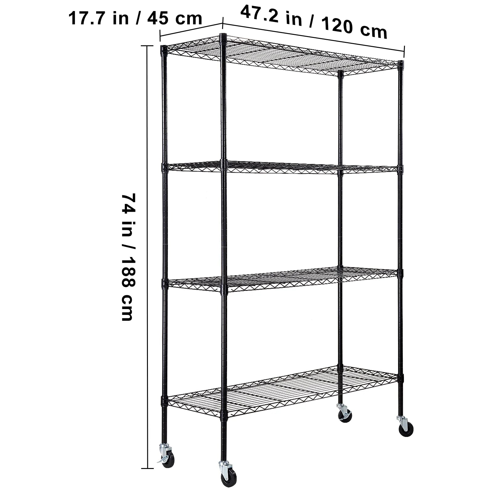 VEVOR Storage Shelving Unit with Wheels,4-Tier Adjustable, 700 lbs Capacity,Heavy Duty Garage Shelves Metal Organizer Wire Rack, Black, 47.2" L x 17.7" W x 74" H for Kitchen Pantry Basement Bathroom