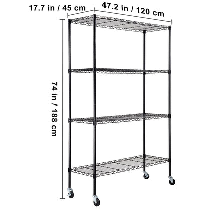 VEVOR Storage Shelving Unit with Wheels,4-Tier Adjustable, 700 lbs Capacity,Heavy Duty Garage Shelves Metal Organizer Wire Rack, Black, 47.2" L x 17.7" W x 74" H for Kitchen Pantry Basement Bathroom