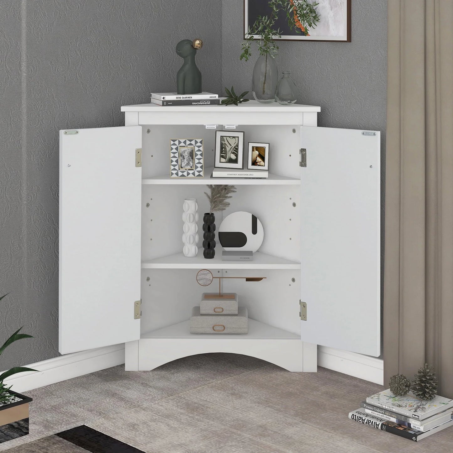 Bathroom Storage Floor Cabinet, Corner Shower Towel Storage Organizer Cabinet Wooden Triangle Bathroom Storage Cabinet, Heavy Duty Freestanding Triangle Cabinet with 2 Adjustable Shelves, White
