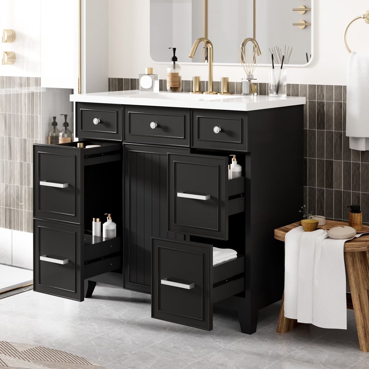 viswild 30" Bathroom Vanity with Ceramic Sink, Soft Close Drawers & Adjustable Shelf, Compact Freestanding Cabinet for Small Spaces, Black