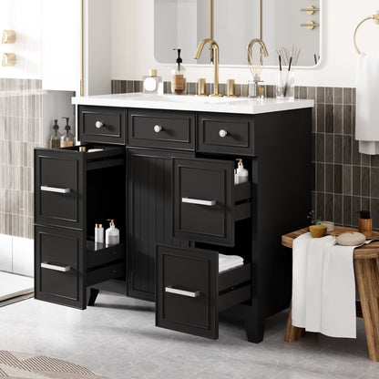 viswild 30" Bathroom Vanity with Ceramic Sink, Soft Close Drawers & Adjustable Shelf, Compact Freestanding Cabinet for Small Spaces, Black