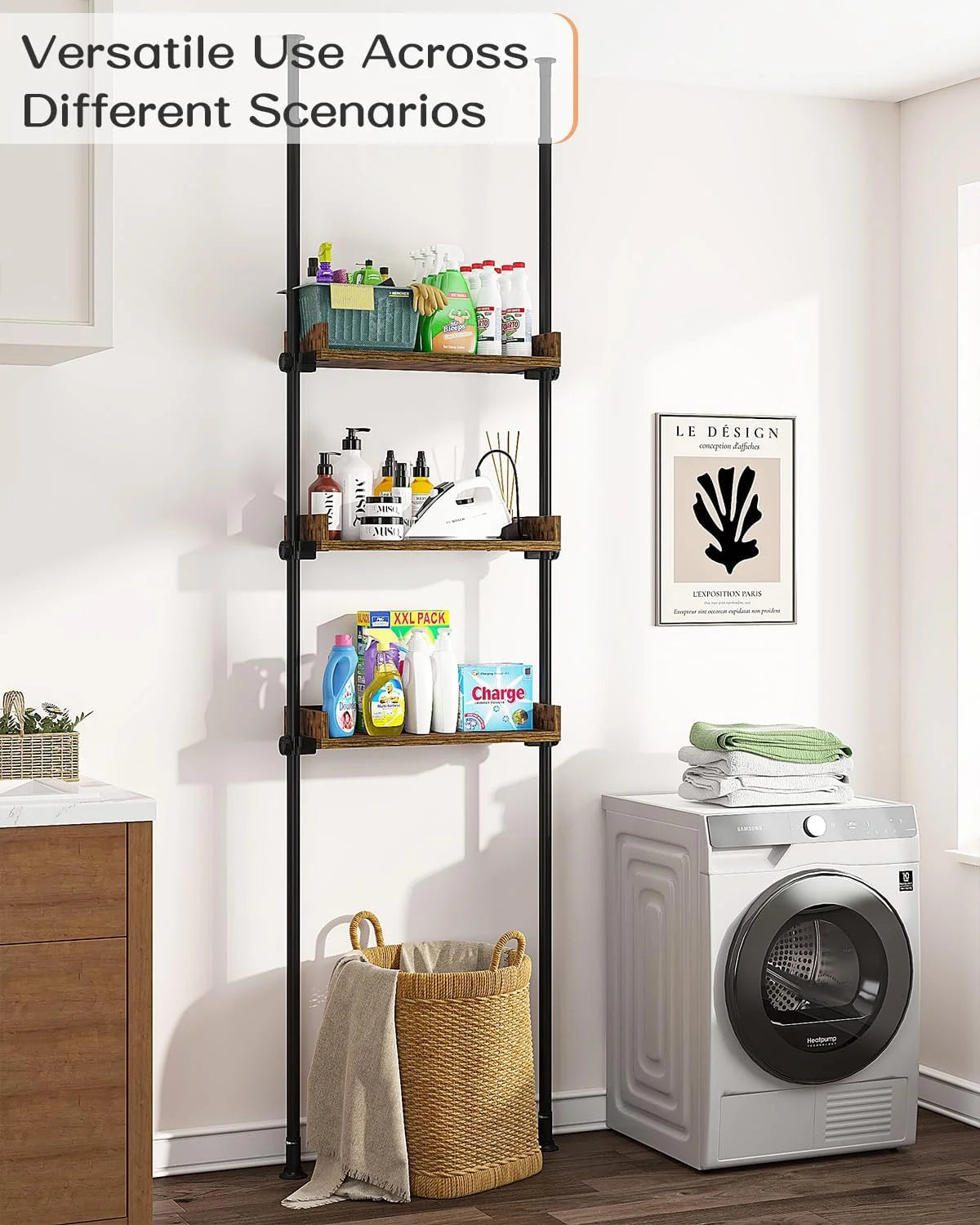 Adjustable Over The Toilet Storage Cabinet, Tension Mount Bathroom Organizers and Storage Over Toilet with 3 Tier Shelves, Over Toilet Bathroom Organizer Fit 92-116 Inch Tall, Rustic Brown