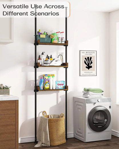 Adjustable Over The Toilet Storage Cabinet, Tension Mount Bathroom Organizers and Storage Over Toilet with 3 Tier Shelves, Over Toilet Bathroom Organizer Fit 92-116 Inch Tall, Rustic Brown