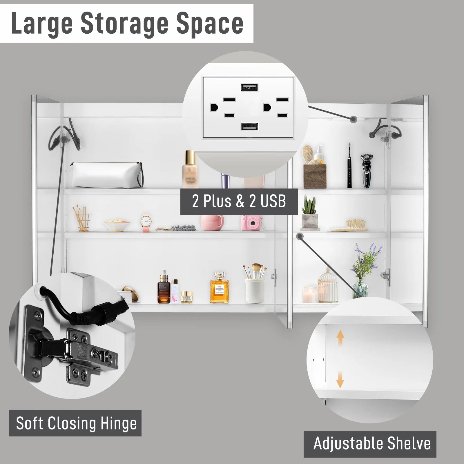 Ktaxon 48"x28" LED Bathroom Mirror Cabinet with Lights, Wall-Mounted Medicine w/ Defogger, Dimmable, Memory function, Outlets & USB, White