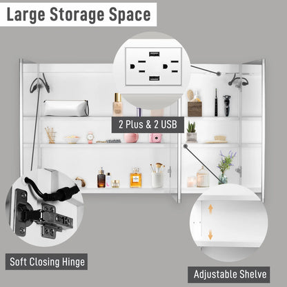 Ktaxon 48"x28" LED Bathroom Mirror Cabinet with Lights, Wall-Mounted Medicine w/ Defogger, Dimmable, Memory function, Outlets & USB, White