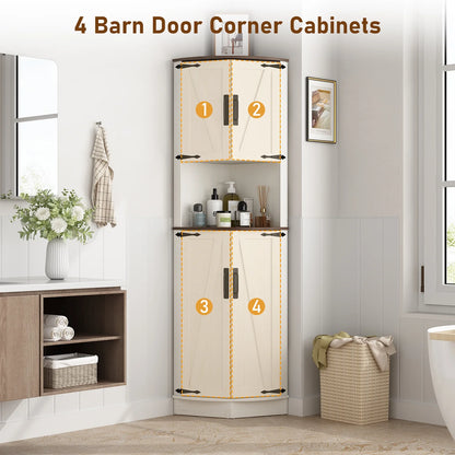 ChVans Farmhouse 68" Tall Corner Cabinet w/4 Barn Doors, 5 Tier Bookcase Storage Cabinet with Adjustable Shelves, Corner Storage Cabinet for Bathroom,Living Room,Kitchen, Brown