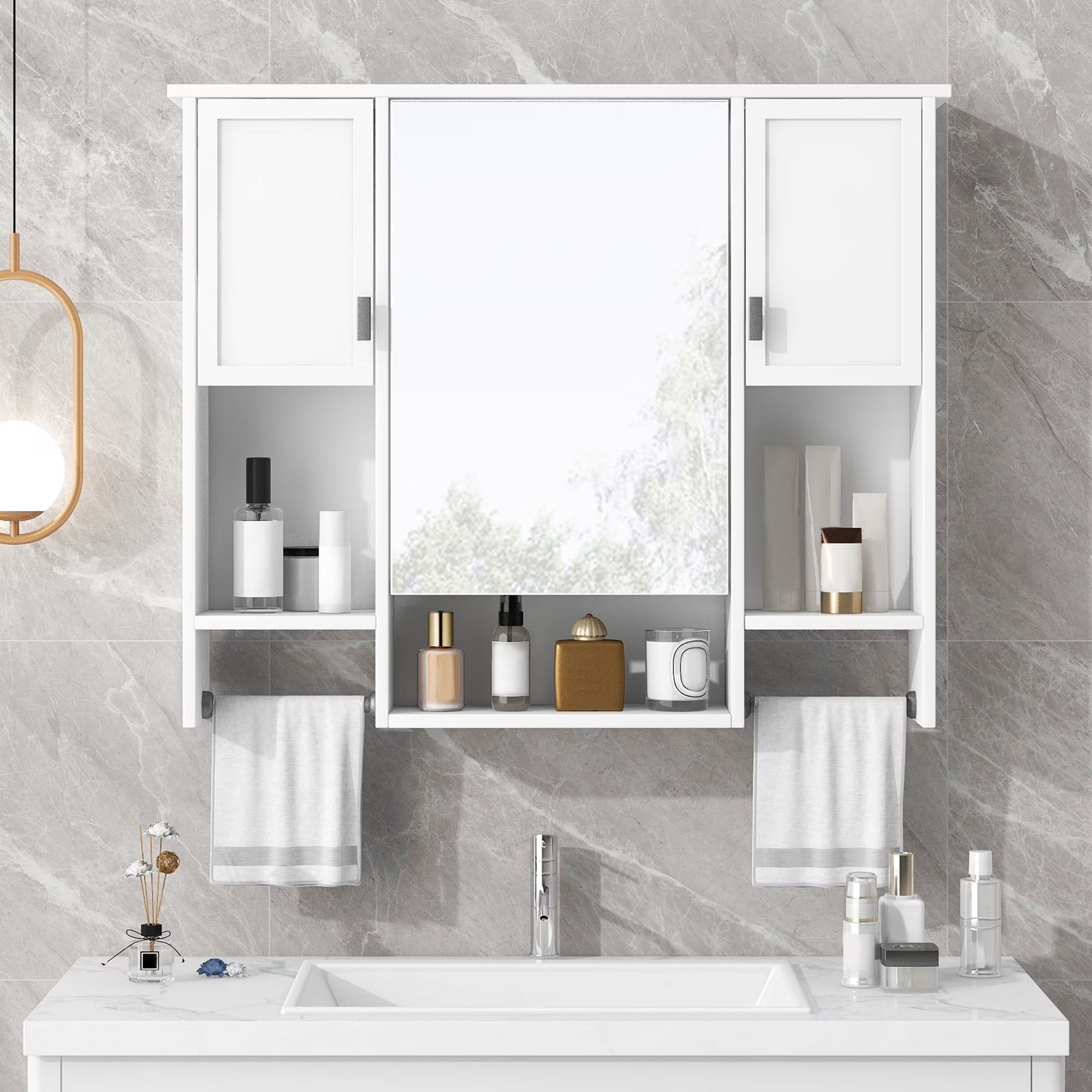 Royard Oaktree Bathroom Medicine Cabinet with Mirror, Bathroom Storage Cabinet with 3 Doors and Open Shelves, Wall Mounted Cabinet Space Saver with Towel Bars, Grey