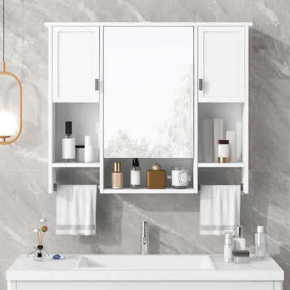 Royard Oaktree Bathroom Medicine Cabinet with Mirror, Bathroom Storage Cabinet with 3 Doors and Open Shelves, Wall Mounted Cabinet Space Saver with Towel Bars, Grey