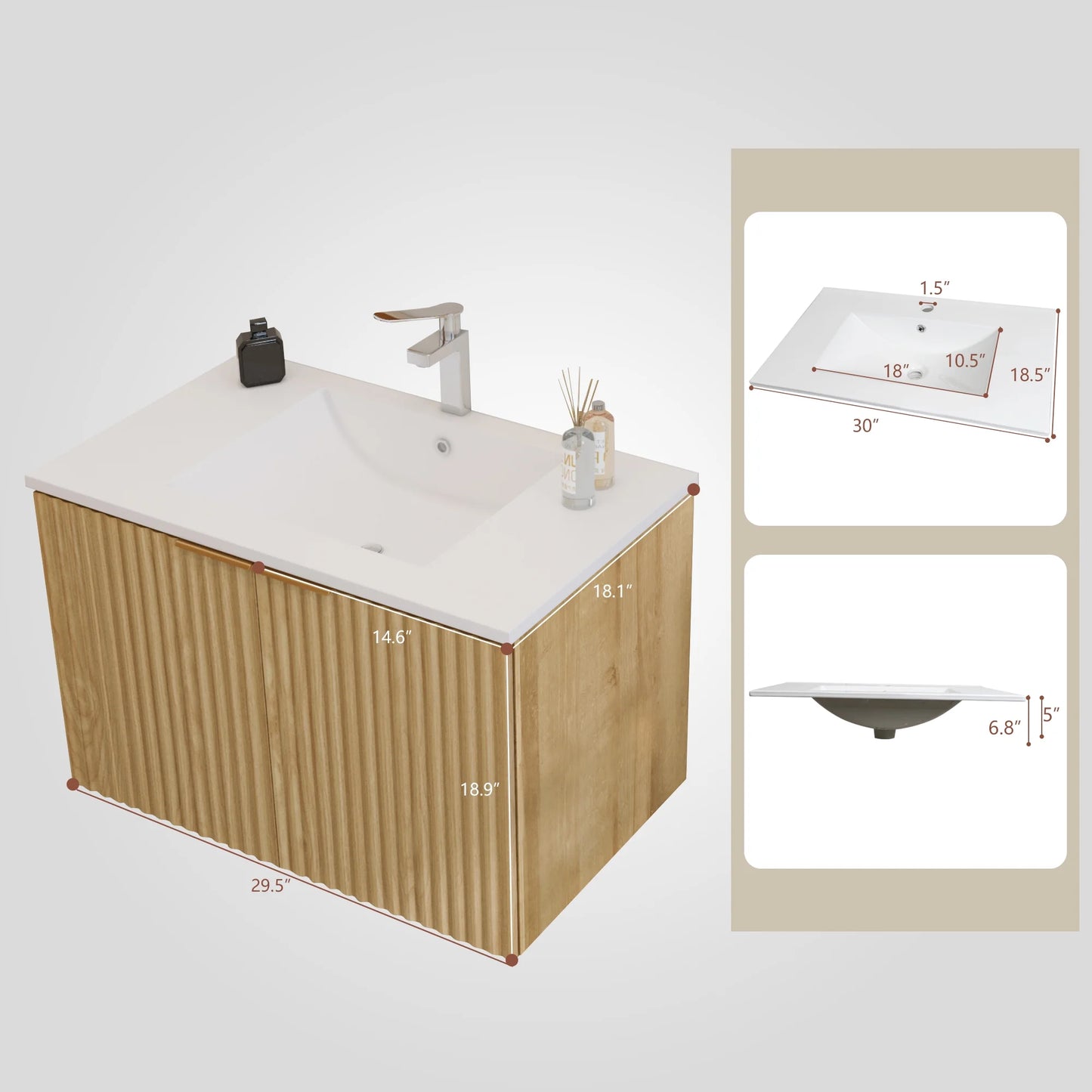 Modern Bathroom Vanity with Wavy Textured Doors - Wall Mounted Floating Cabinet, Soft-Close Waterproof Storage for Small Bathroom, Easy Install (Nature with Sink, 30)
