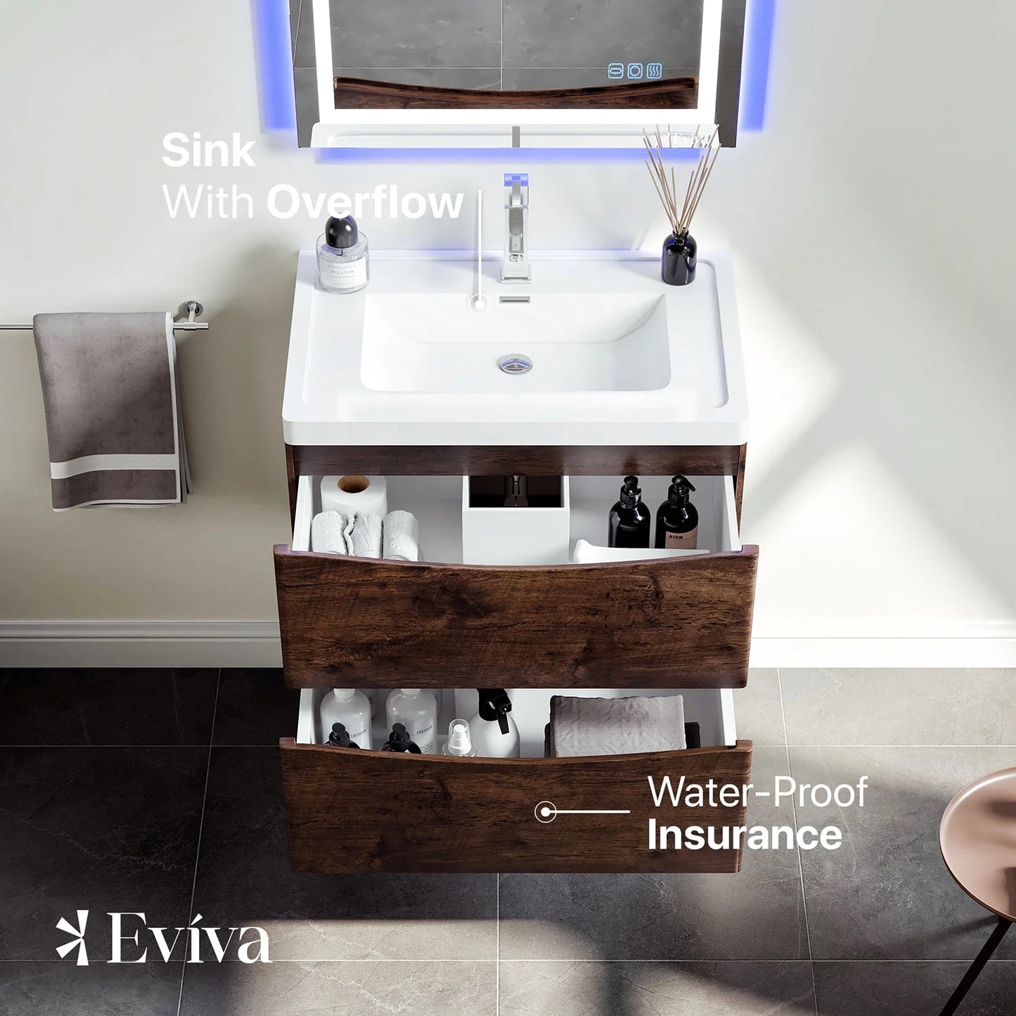 Eviva Smile 30" White Oak Wall Mount Modern Bathroom Vanity w/ White Integrated Top