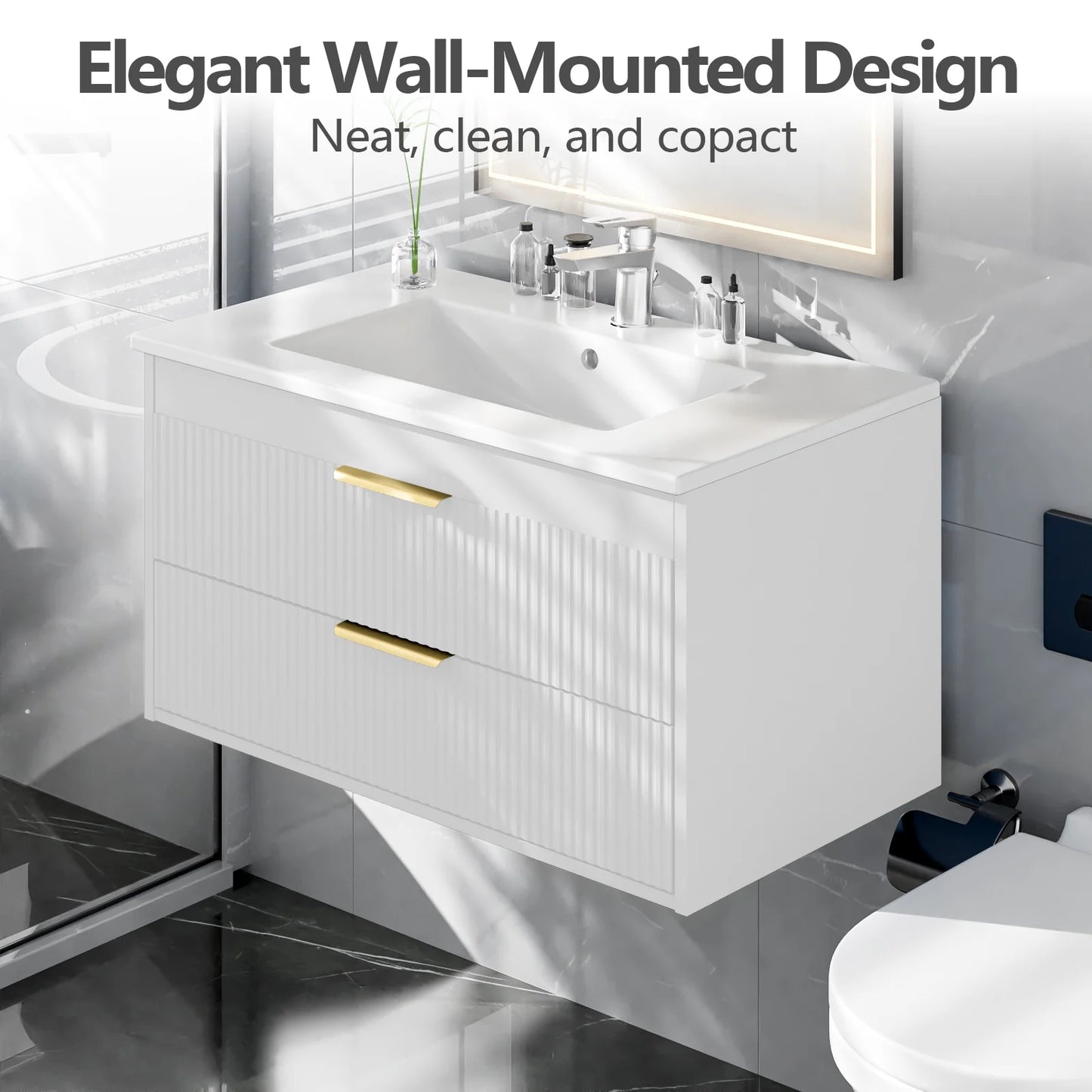 Advwin 30" Wall Mounted Bathroom Vanity with Ceramic Sink, Modern Floating Bathroom Storage Cabinet with Sensor Light & 2 Extra Large Drawers, White