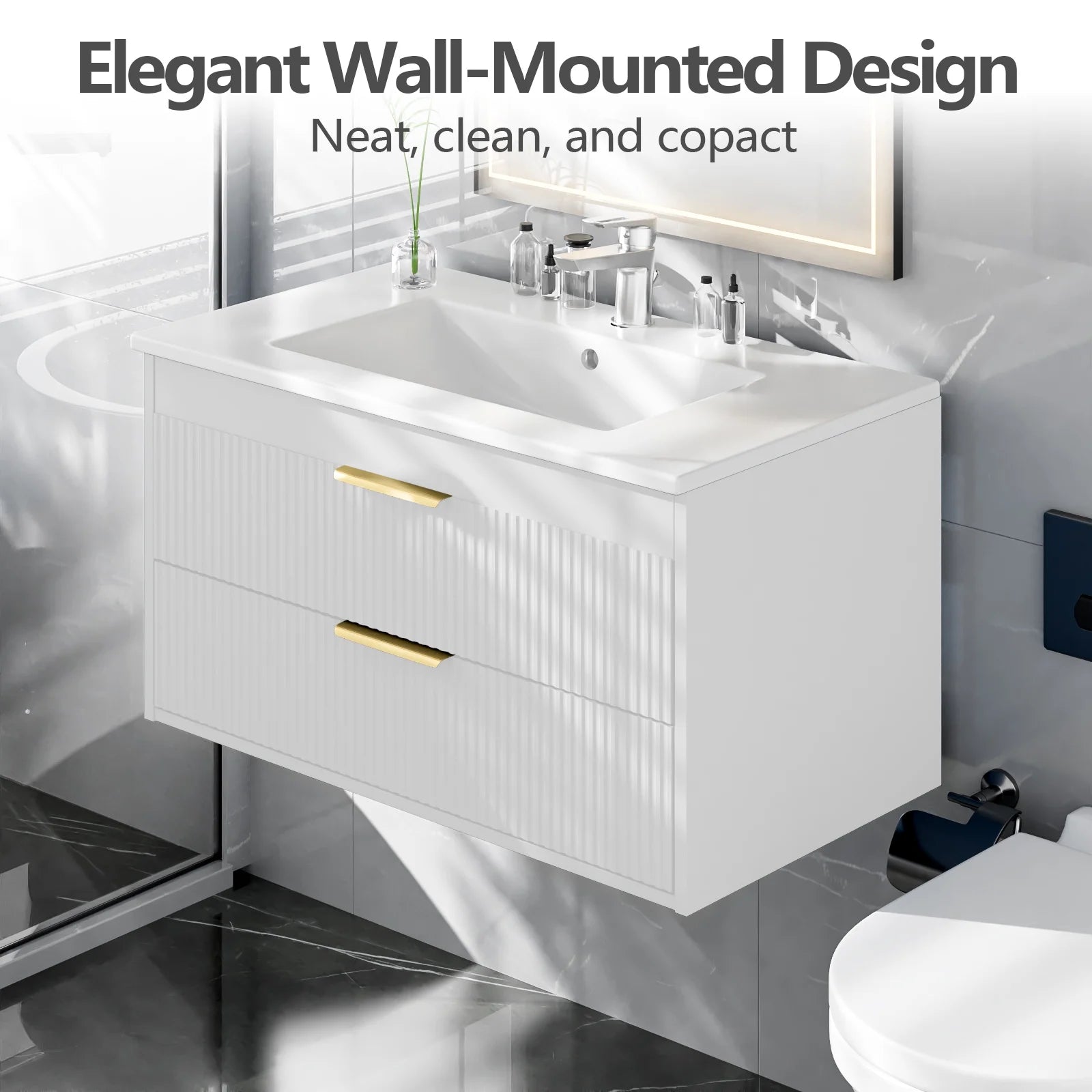 Advwin 30" Wall Mounted Bathroom Vanity with Ceramic Sink, Modern Floating Bathroom Storage Cabinet with Sensor Light & 2 Extra Large Drawers, White