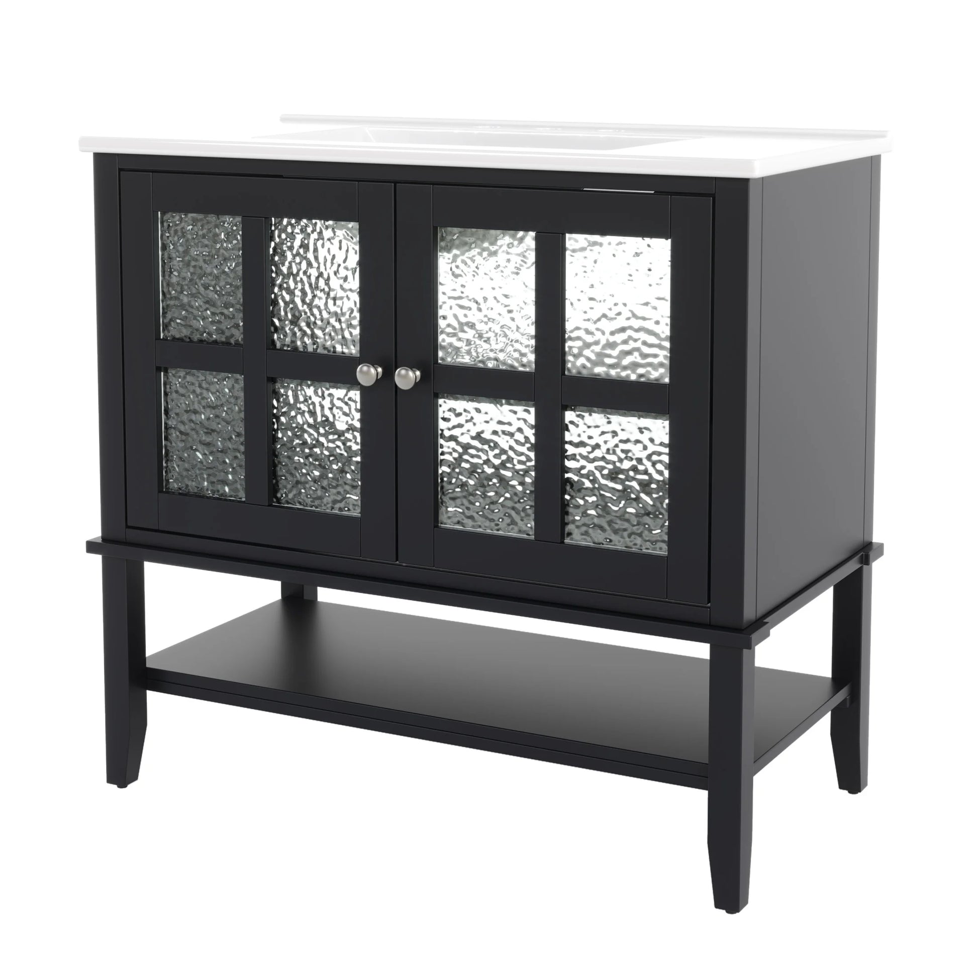 Christopher Knight Home 36" Bathroom Vanity with Sink, Textured Glass Doors, Open Shelf, White