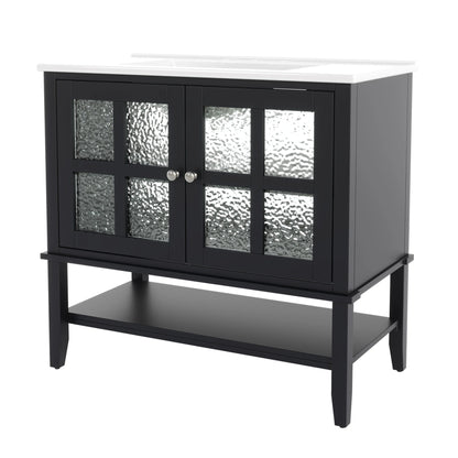 Christopher Knight Home 36" Bathroom Vanity with Sink, Textured Glass Doors, Open Shelf, White