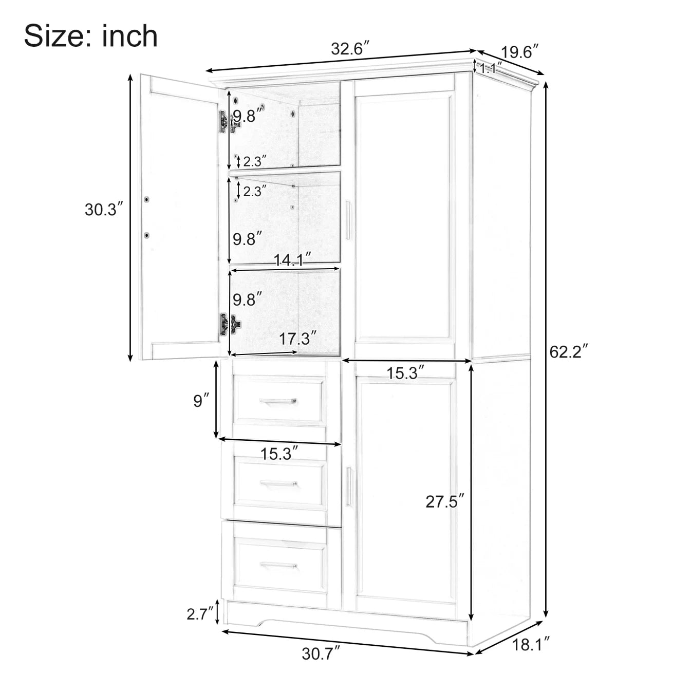 Bathroom Cabinet, 62.2" Tall Storage Cabinet with Doors and Shelves, Freestanding Linen Closet for Bathroom, Kitchen, Living Room, Grey