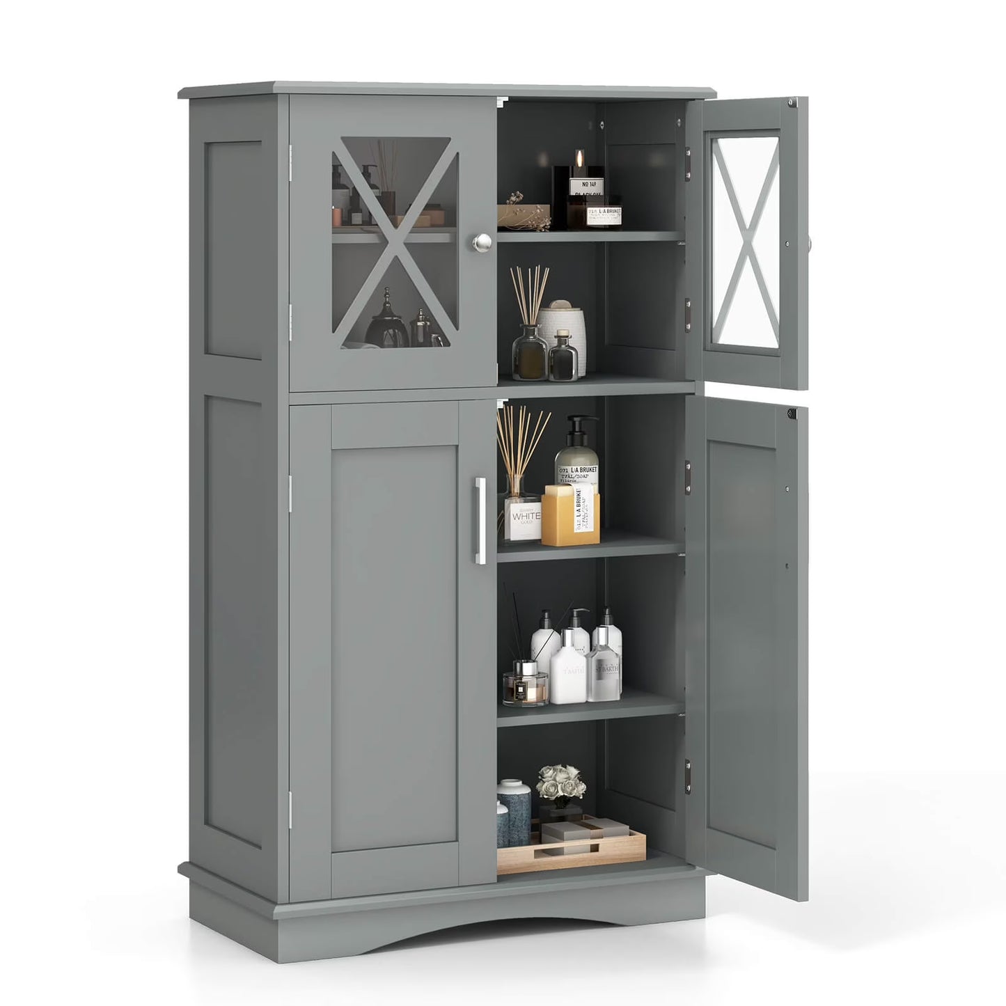 Costway Bathroom Storage Cabinet Linen Storage Cabinet with Doors and Adjustable Shelves White