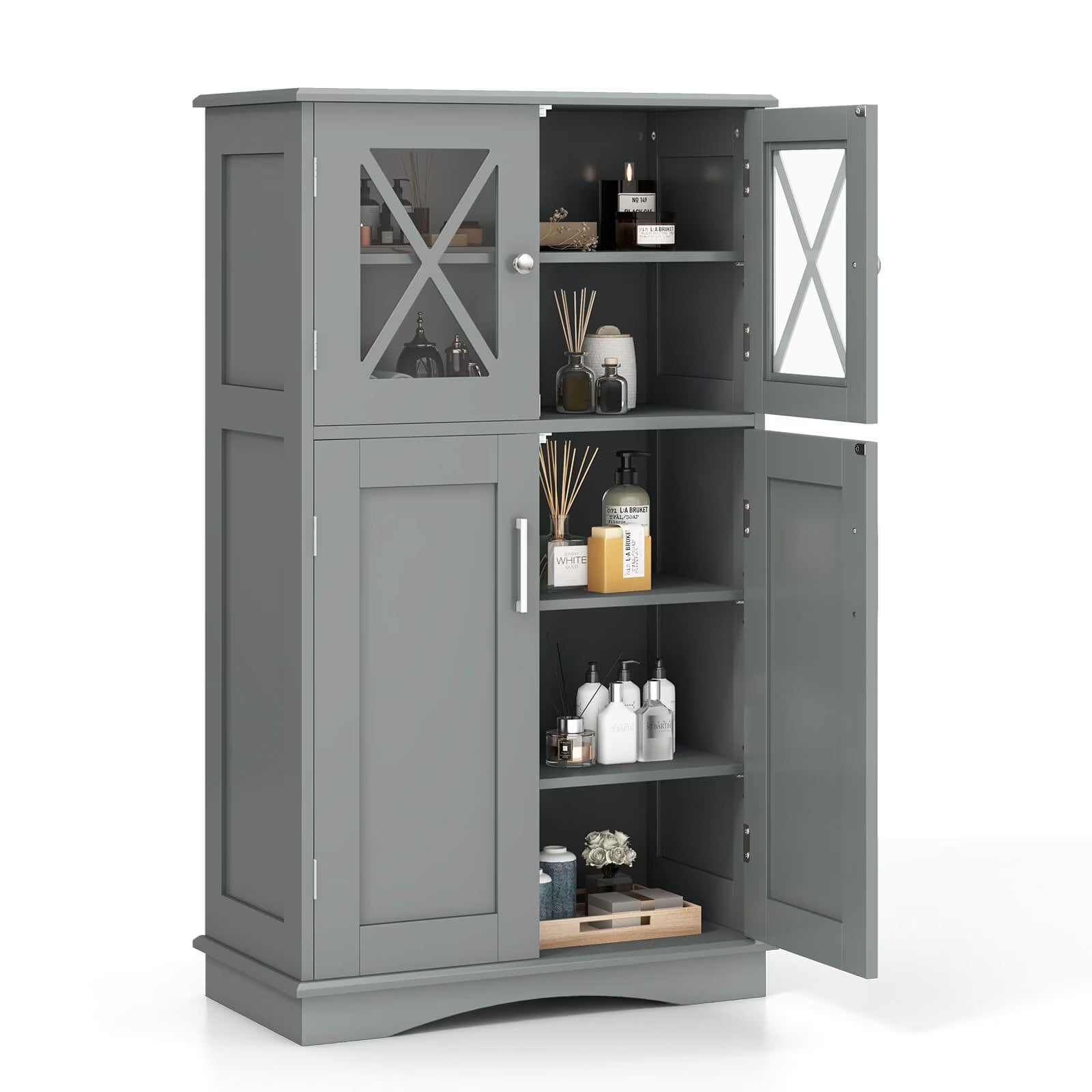 Costway Bathroom Storage Cabinet Linen Storage Cabinet with Doors and Adjustable Shelves White