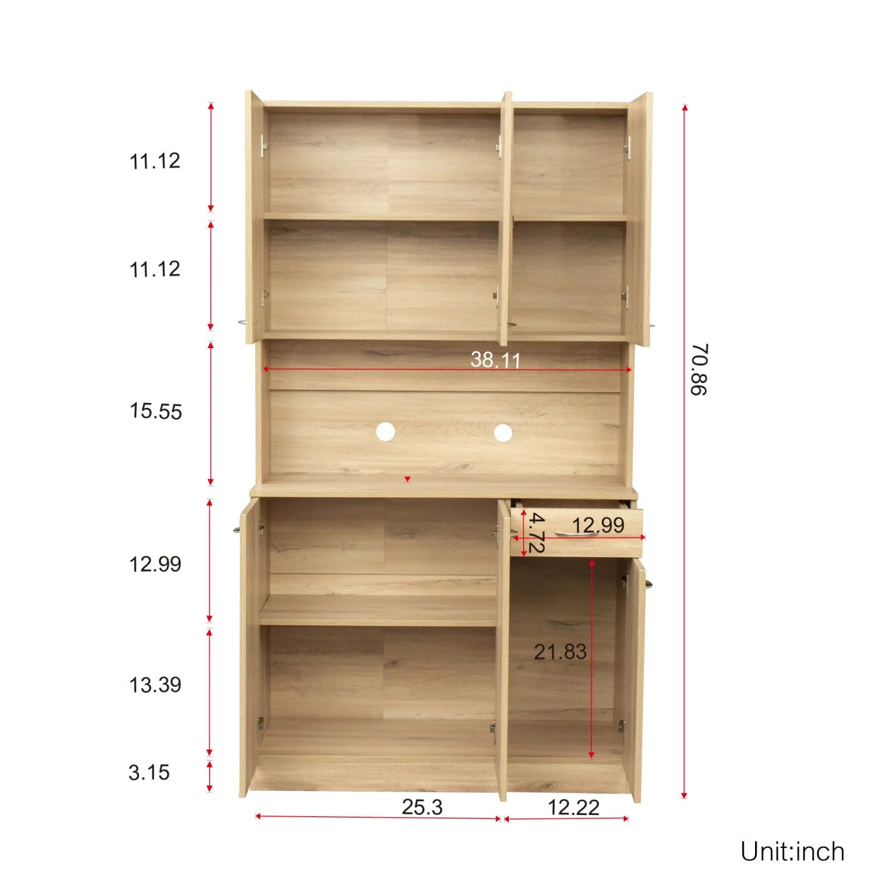 70.87" Tall Wardrobe & Kitchen Cabinet, Freestanding Storage Cabinets with 6 Doors, 1 Open Shelves and 1 Drawer, Versatile Floor Buffet Hutch Cupboard for Bedroom Bathroom Kitchen, Oak