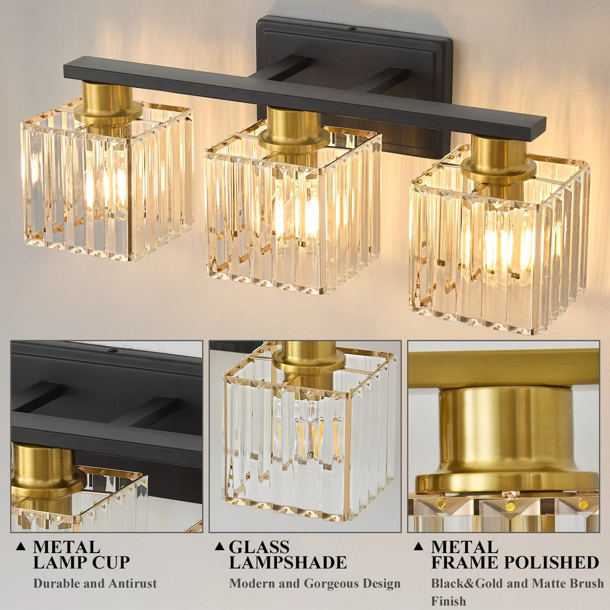 Deyidn Modern Bathroom Vanity Light 3-Lights Modern Black Gold Brushed Brass Finish Crystal Bathroom Wall Light Bathroom Vanity Light Fixtures
