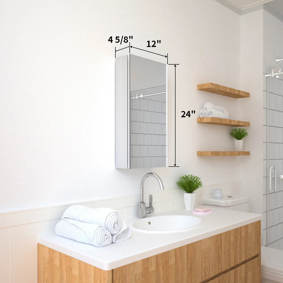 12 in. x 24 in. Frameless Recessed or Surface-Mount Beveled Single Mirror Bathroom Medicine Cabinet
