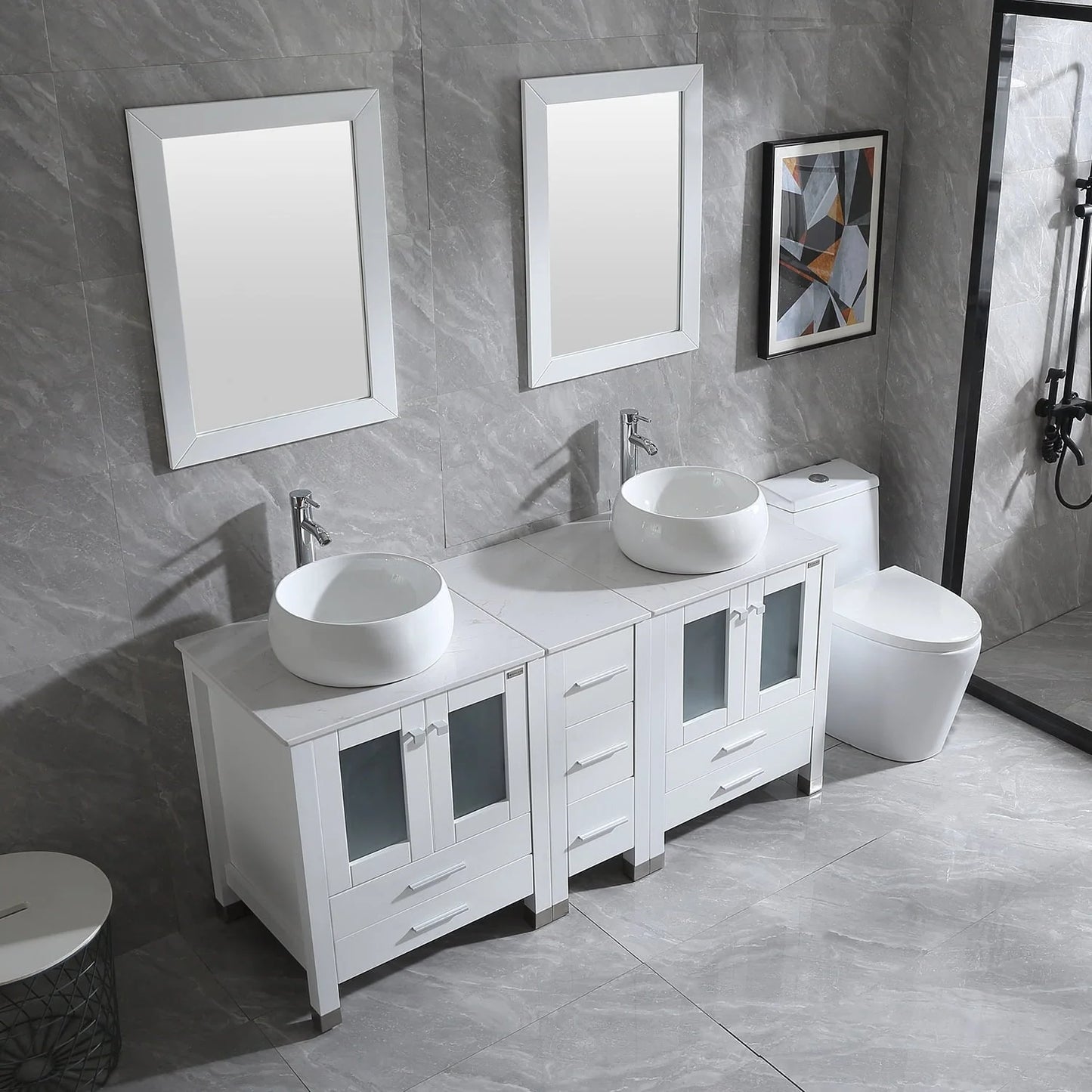 Wonline 60" Bathroom Vanity Wood Cabinet Double Ceramic Sink w/ Mirror White