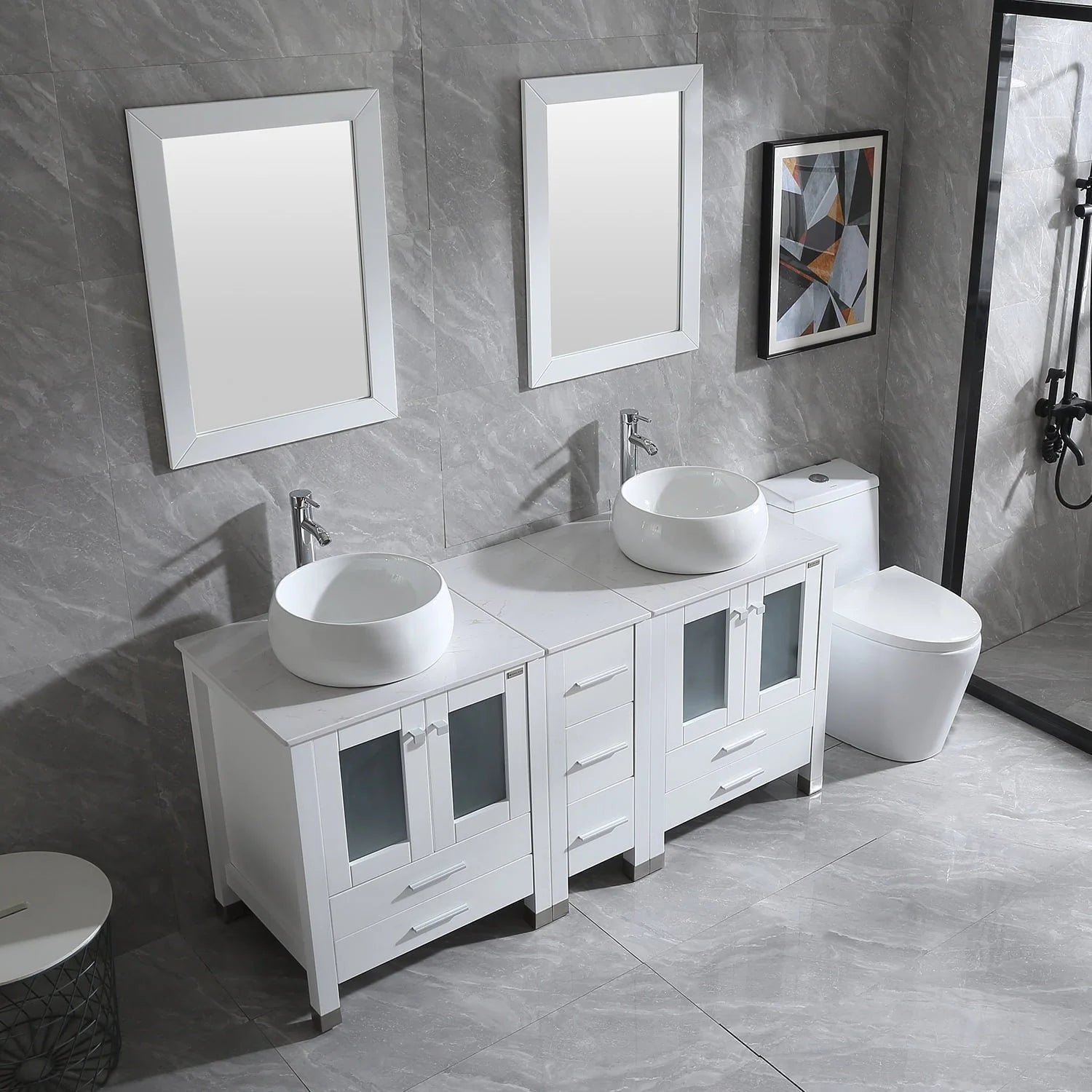 Wonline 60" Bathroom Vanity Wood Cabinet Double Ceramic Sink w/ Mirror White