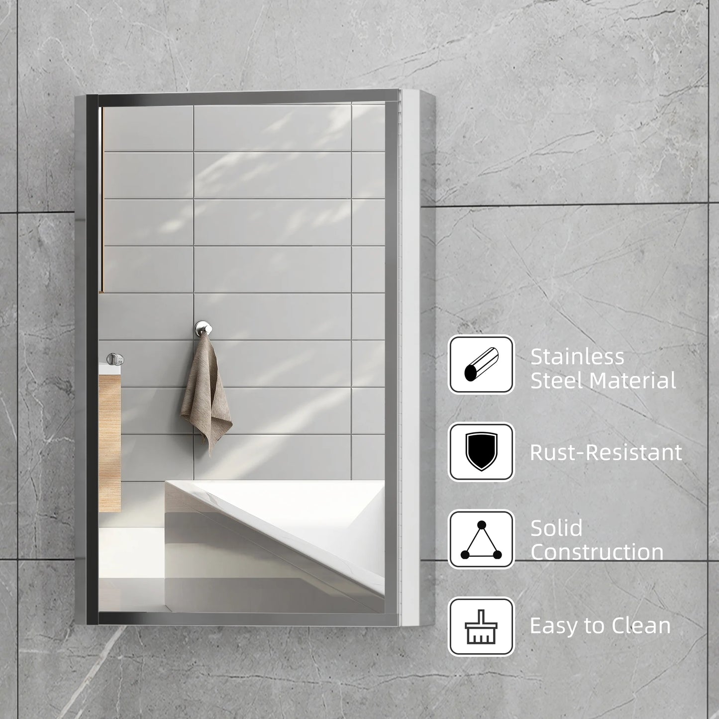 Bathroom Mirrored Cabinet, Vertical 16" x 24" Stainless Steel Frame Medicine Cabinet, Wall-Mounted Storage Organizer with Single Door​