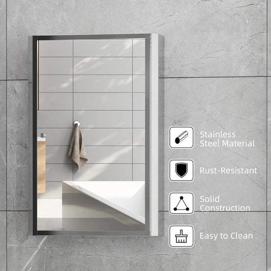 Bathroom Mirrored Cabinet, Vertical 16" x 24" Stainless Steel Frame Medicine Cabinet, Wall-Mounted Storage Organizer with Single Door​
