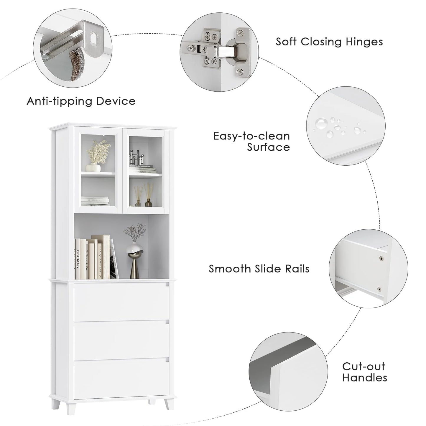 Homfa 3-Drawer Kitchen Storage Cabinet, 76.6'' Tall Cabinet with Clear Glass Door for Bathroom, White