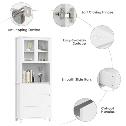 Homfa 3-Drawer Kitchen Storage Cabinet, 76.6'' Tall Cabinet with Clear Glass Door for Bathroom, White