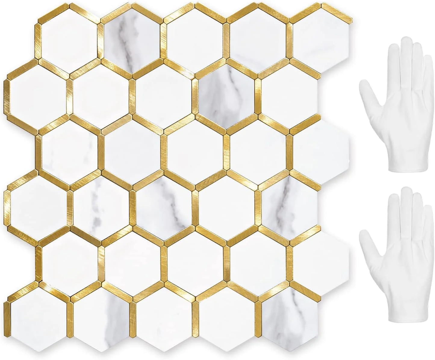 Hexagon Peel and Stick on Backsplash for Kitchen and Bathroom, White Marble Look PVC Mixed Metal Gold Self Adhesive Metal Mosaic Tiles(10 Sheets, Seamless)