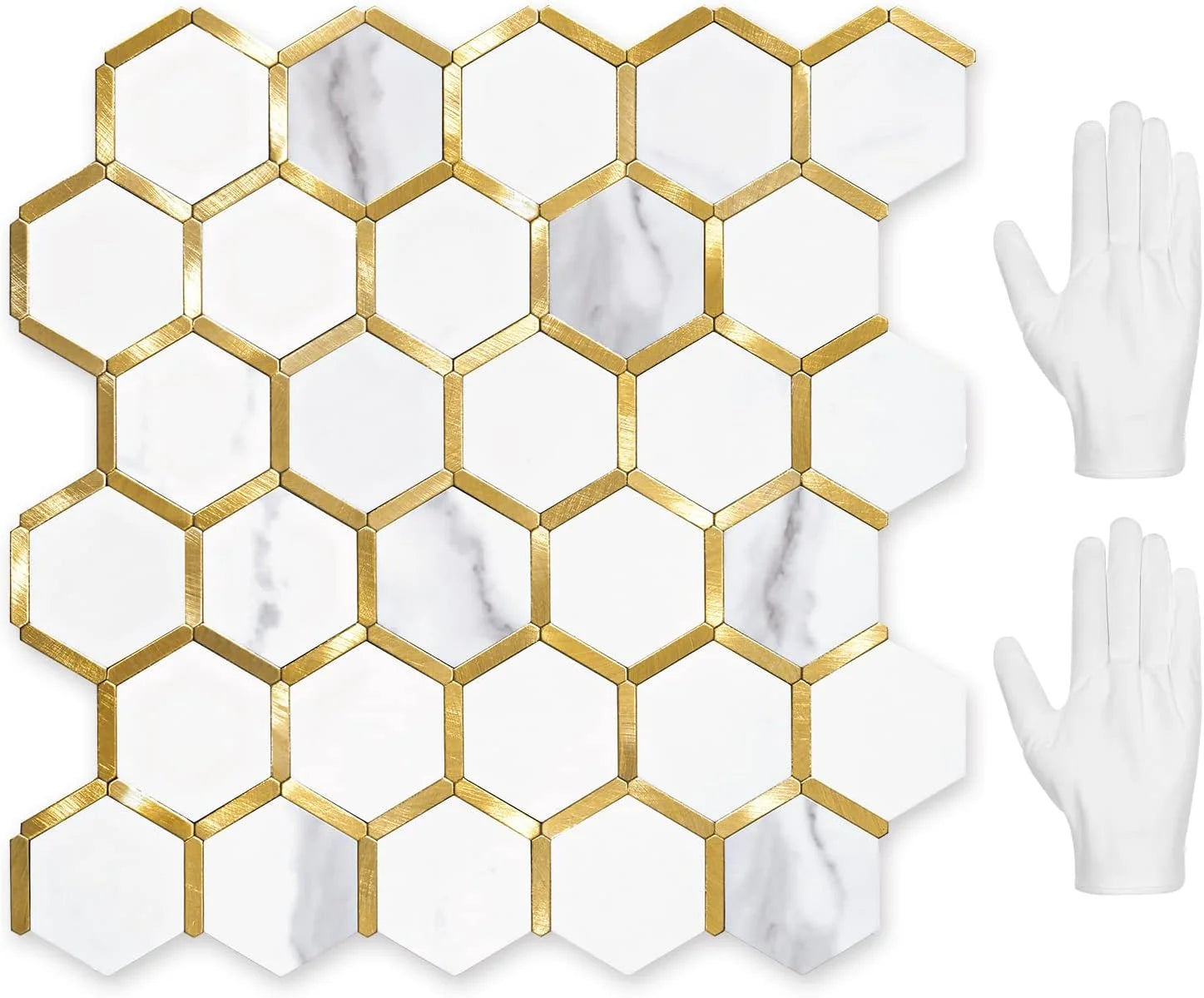 Hexagon Peel and Stick on Backsplash for Kitchen and Bathroom, White Marble Look PVC Mixed Metal Gold Self Adhesive Metal Mosaic Tiles(10 Sheets, Seamless)