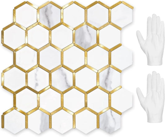 Hexagon Peel and Stick on Backsplash for Kitchen and Bathroom, White Marble Look PVC Mixed Metal Gold Self Adhesive Metal Mosaic Tiles(10 Sheets, Seamless)