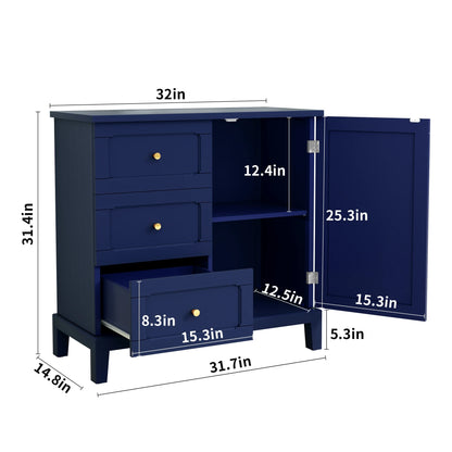 CBJCBJ 31.7"Storage Cabinet, Classical 3 Drawers & 1 Door Design with Gold-Tone Handles, Multi-Use Organizer for Living Room, Kitchen, Bathroom��BLUE)