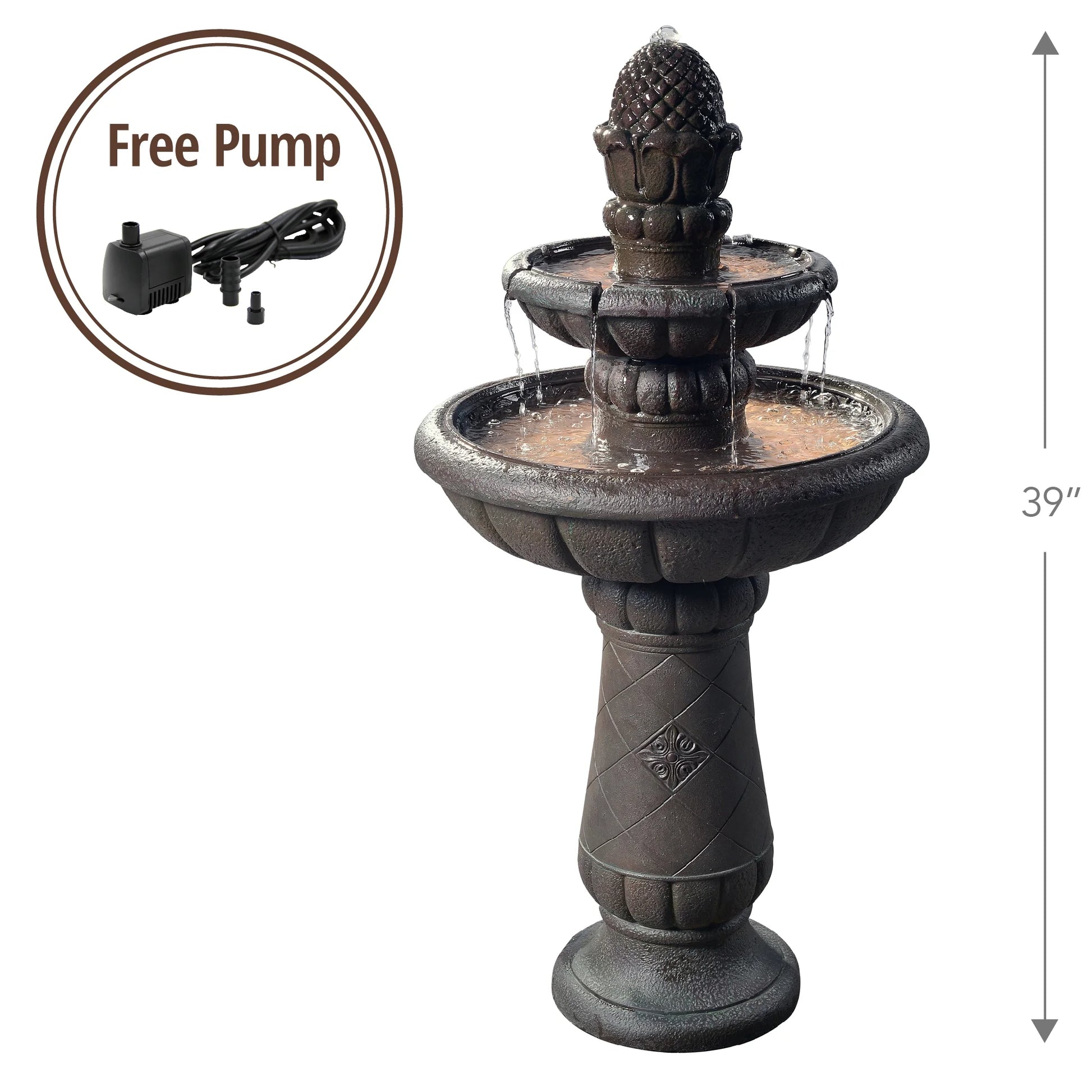 Teamson Home 2-Tier Birdbath Water Fountain Outdoor Garden–Shallow Basin with Built-In Electric Pump & Simple Setup, Carbon Gray