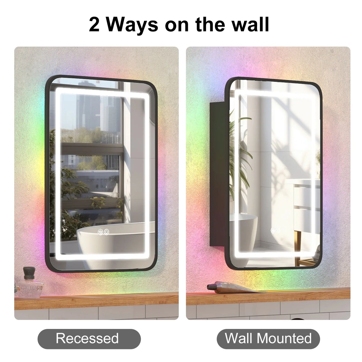 Hironpal Black Metal Framed Bathroom Mirror Medicine Cabinet Recess or Surface Mount Installation