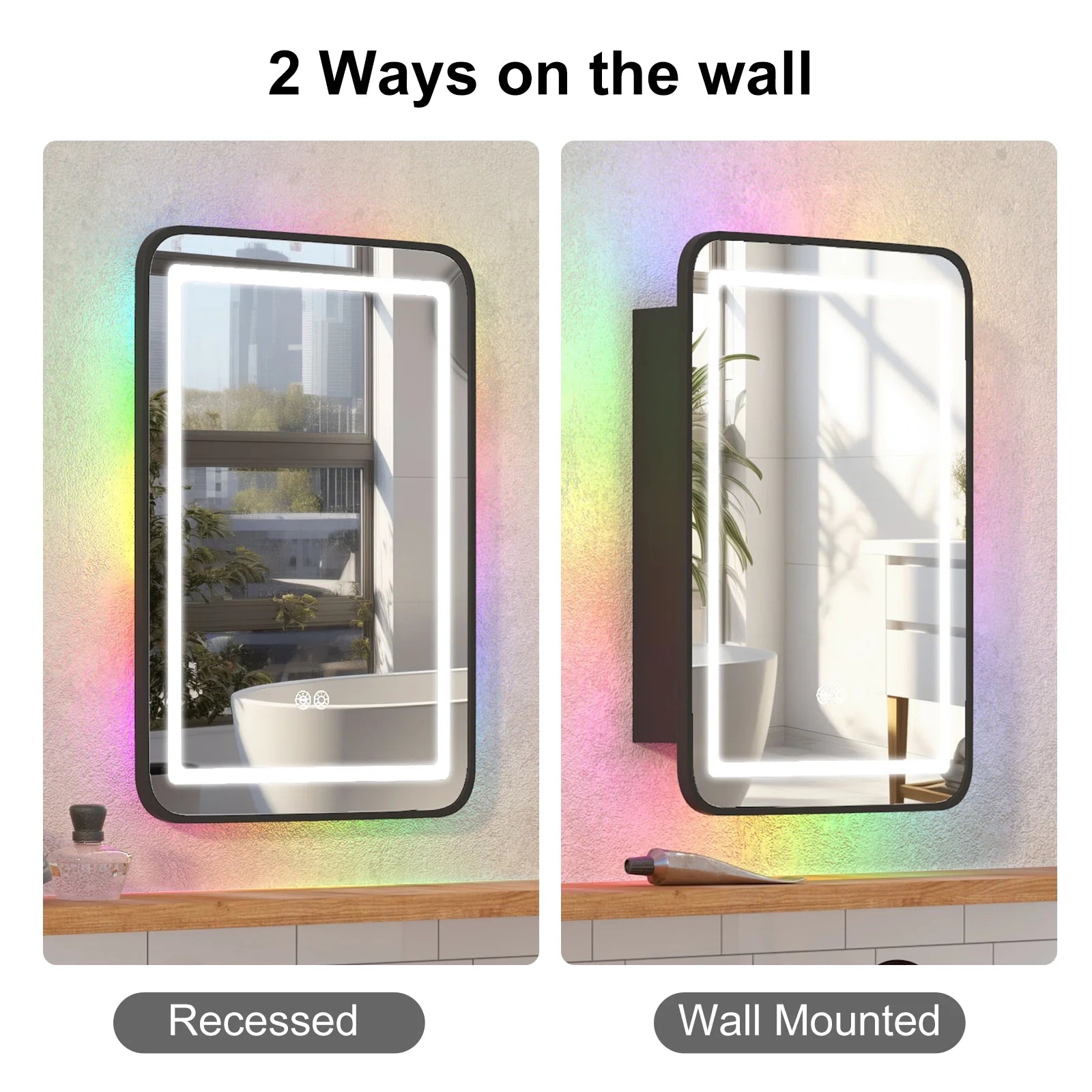 Hironpal Black Metal Framed Bathroom Mirror Medicine Cabinet Recess or Surface Mount Installation