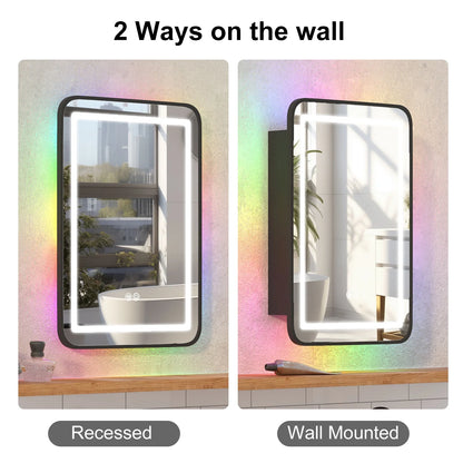 Hironpal Black Metal Framed Bathroom Mirror Medicine Cabinet Recess or Surface Mount Installation