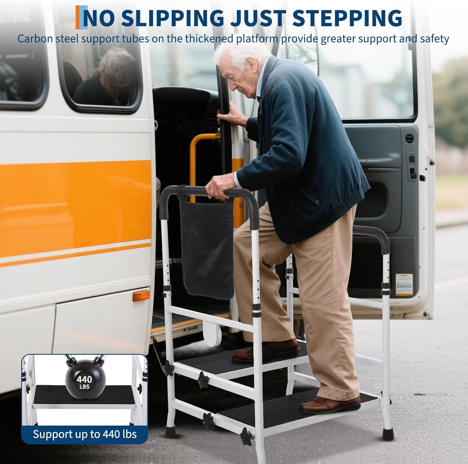 Bed Step Stool for High Bed for Elderly, Bed Rails for Elderly with Adjustable Height Bed Step Stool, Bed Safety Rail Up to 440 Lbs with Handicap Grab Bars for Fall Prevention for Bedside, Bathtub