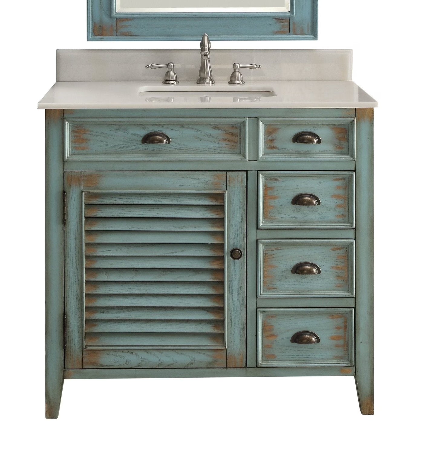 Benton Collection 36" Distressed Blue Farmhouse Bathroom Vanity with White Marble Top