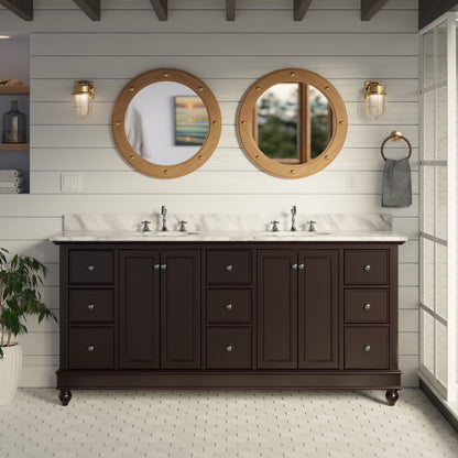 Bella 72" Double Bathroom Vanity with White Cabinet and Carrara Marble Top