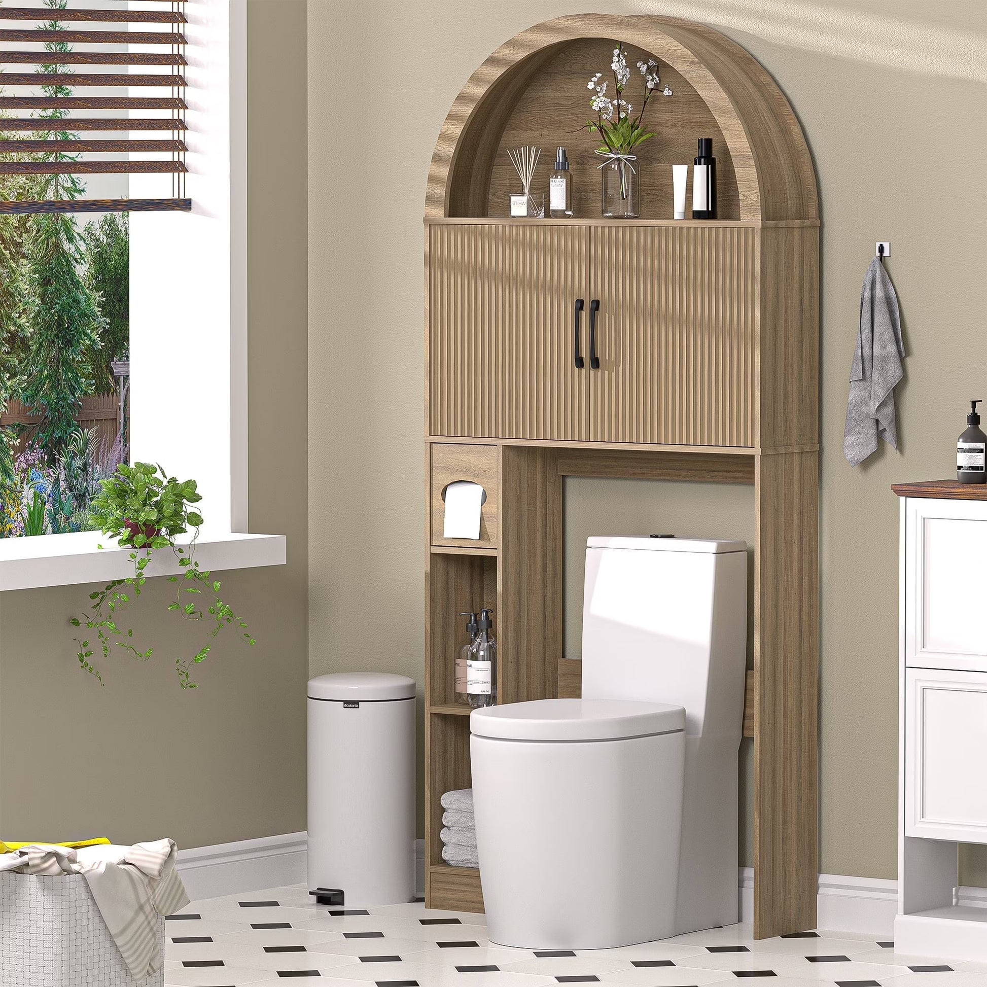 HARIPUL Over The Toilet Storage Cabinet w/ Unique Wood Grain & Arc Design, Freestanding Bathroom Shelf Organizer Space Saver w/ Doors & Anti-Tip Device, Wood Color