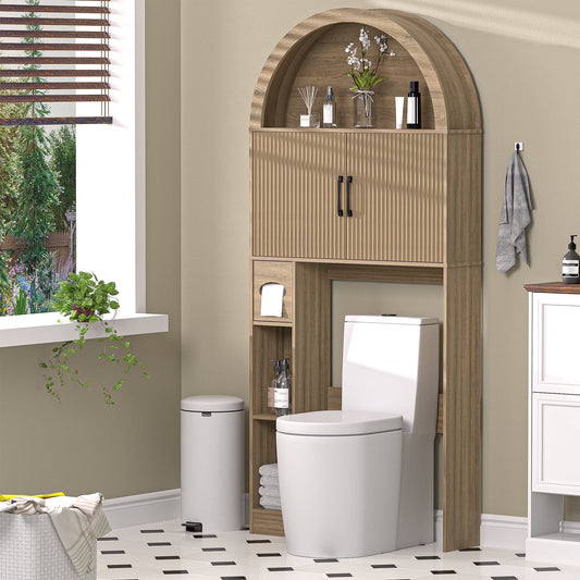 HARIPUL Over The Toilet Storage Cabinet w/ Unique Wood Grain & Arc Design, Freestanding Bathroom Shelf Organizer Space Saver w/ Doors & Anti-Tip Device, Wood Color