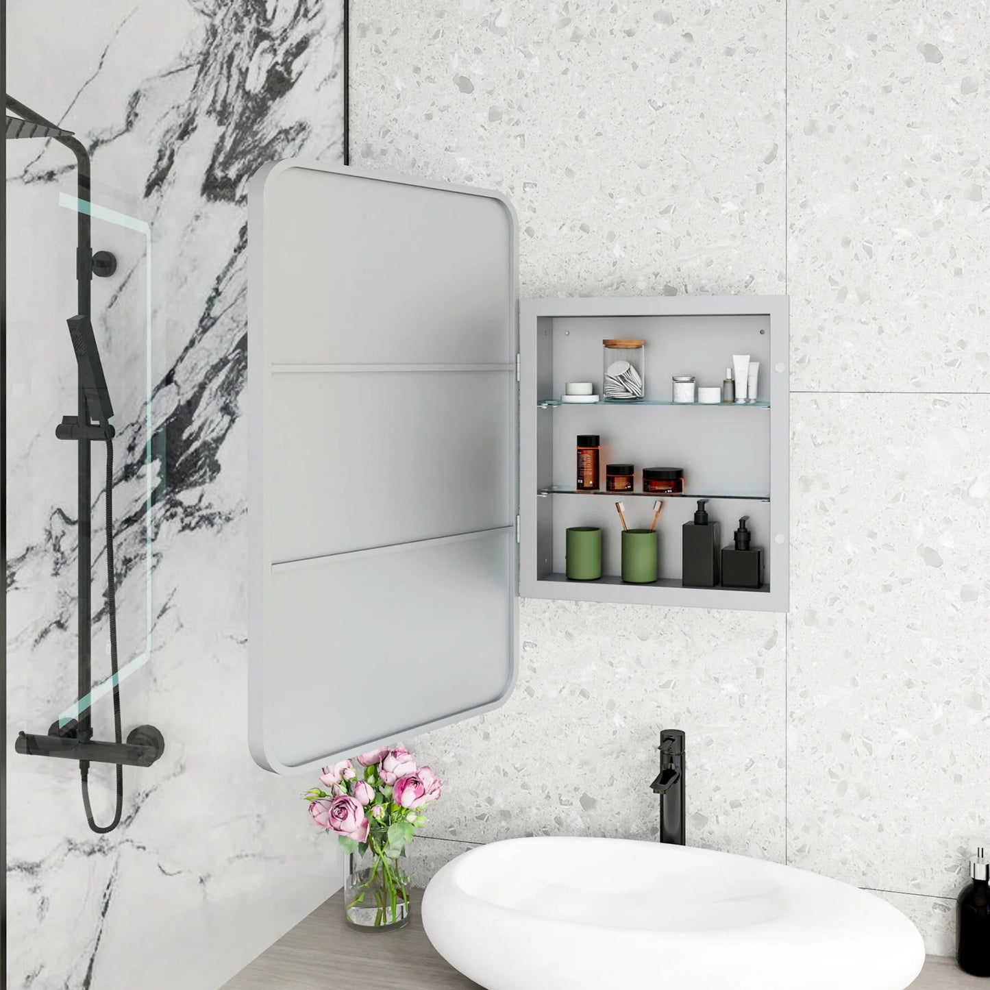 21x34 Inch Gold Medicine Cabinet with LED Mirror, Wall Mounted Bathroom Storage with Adjustable Glass Shelves, Recessed or Surface Mount Design