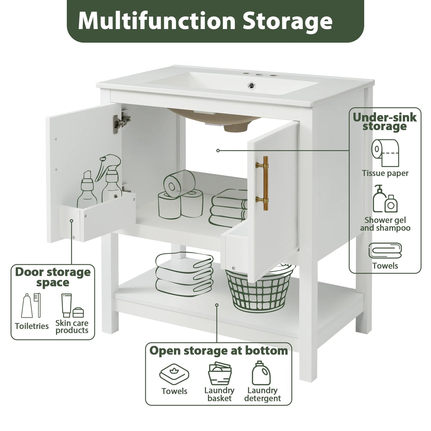30-Inch White Bathroom Vanity with Ceramic Sink and Versatile Storage - Ideal for Small Bathrooms, White